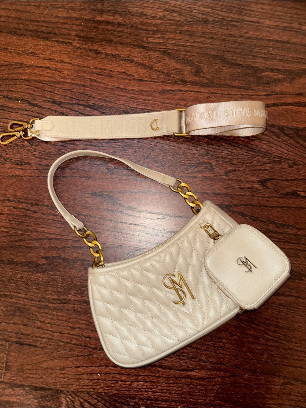 Steve Madden Cream Quilted Shoulder Bag with Gold Hardware and Detachable Strap